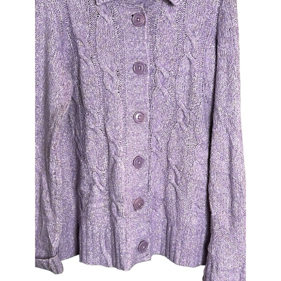 VTG LL Bean Cable Knit Cardigan Womens L Purple Wool Blend Button Cottage - Picture 3 of 12